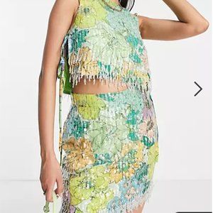 ASOS bright floral print and sequin mini skirt with fringe